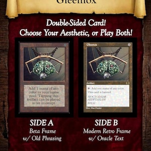 May include: A double-sided Gleemox game card featuring two distinct frame styles. Side A displays a beta frame with old phrasing, while Side B shows a modern retro frame with oracle text. Both sides depict a green, brain-like artifact pendant.