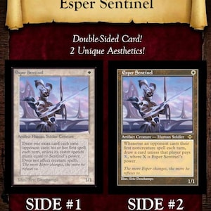 May include: A double-sided Esper Sentinel card with two unique aesthetics. Side #1 features a Beta Frame with old phrasing, while Side #2 showcases a Modern Retro Frame with Oracle Text. The card art depicts a humanoid soldier.