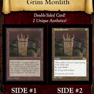 May include: A double-sided Grim Monolith card with two unique aesthetics. Side #1 features a Beta Frame with old phrasing, while Side #2 showcases a Modern Retro Frame with Oracle Text. The card art depicts a stylized tower.