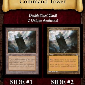 May include: A double-sided Command Tower trading card featuring two distinct frame styles. Side one displays a beta frame with old phrasing, while side two presents a modern retro frame with oracle text. Both sides show a dark stone tower illustration.