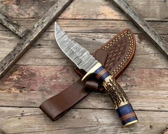 Hand Forged Damascus Hunting Knife | Stag Antler Handle Skinning Knife