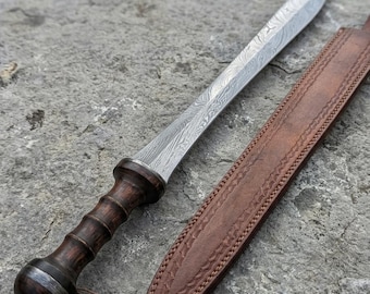 Hand Forged Damascus Gladius Sword 36" | Roman Style Short Sword | Rosewood Handle | Leather Sheath