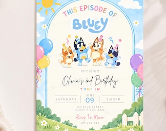 Puede incluir: Una tarjeta de invitación de cumpleaños con personajes de Bluey con gorros de fiesta, un sol amarillo, nubes y globos de colores. El texto dice: This Episode of Bluey is called Olivia's 2nd Birthday, Tune In, Saturday June 9, 2:00 PM, 123 Blue Street, Bluey Ville, 2222, RSVP to Mum 123 456 789.