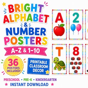 May include: A set of educational posters featuring the text BRIGHT ALPHABET & NUMBER POSTERS A-Z & 1-10. The posters display letters and numbers paired with colorful illustrations like an apple, balloons, a moon, flowers, a turtle, ladybugs, a zebra, and pencils.