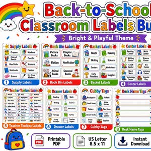 Op de afbeelding: Een Back-to-School klaslokaal labelbundel met acht categorieën printbare labels, waaronder labels voor benodigdheden, boekenbakken, manden, leercentra, lades, vakjes en bureaus met kleurrijke afbeeldingen en een bijpassende blanco set.