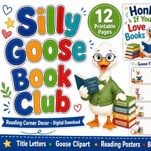 Silly Goose Book Club Reading Corner Decor, Goose Bulletin Board Kit, Classroom Library Printable