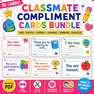 Classmate Compliment Cards Printable, 50 Kindness Cards for Classroom, Student Encouragement Notes, SEL Activity