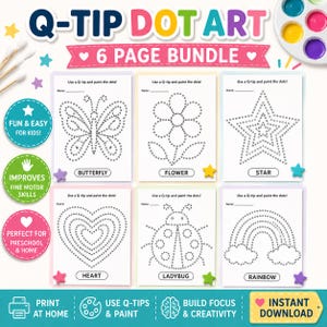 Q-Tip Dot Art Printable Bundle for Kids | Fine Motor Skills Activity Sheets | Paint the Dots Preschool Worksheets | Toddler Busy Book