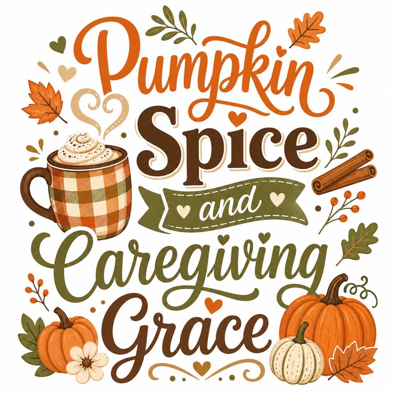 Puede incluir: Una ilustraci&oacute;n gr&aacute;fica con el texto Pumpkin Spice and Caregiving Grace en fuentes script y serif de color naranja, marr&oacute;n y verde oliva. El dise&ntilde;o incluye una taza a cuadros con crema batida, ramas de canela, calabazas y hojas de oto&ntilde;o.