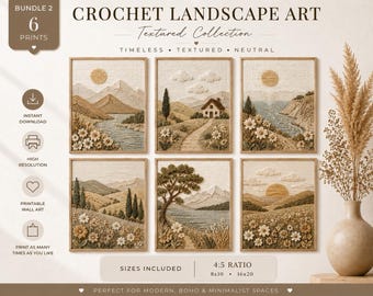Neutral Crochet Landscape Wall Art Bundle, Textured Printable Wall Art Set, Rustic Mountain Lake Decor, Boho Neutral Landscape, 4:5 Ratio