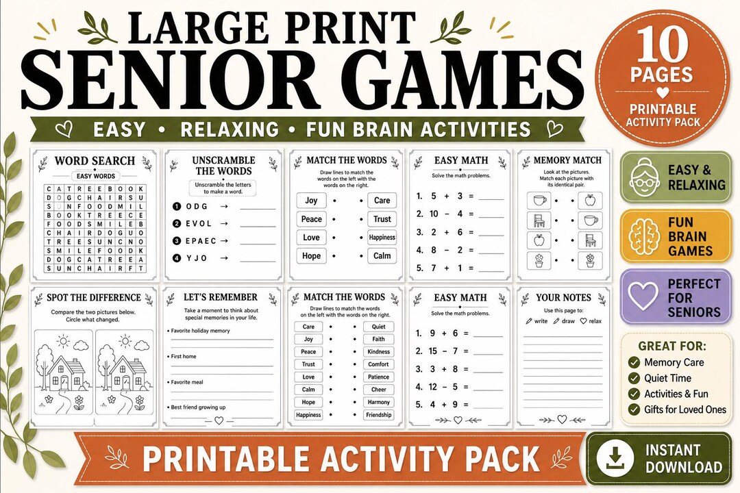 Large Print Senior Games Printable, Easy Brain Activities for Seniors