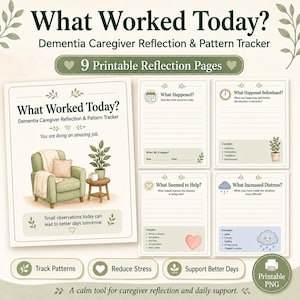 May include: A set of 9 printable dementia caregiver reflection and pattern tracker pages. The documents feature the title What Worked Today, illustrations of a green armchair, a potted plant, and prompts for tracking daily caregiving observations.