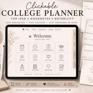 May include: A digital college planner for iPad, featuring a welcome screen with icons for weekly planning, schedule, assignments, and more. Includes 16 pages and instant download. A coffee mug and notebook are also visible.
