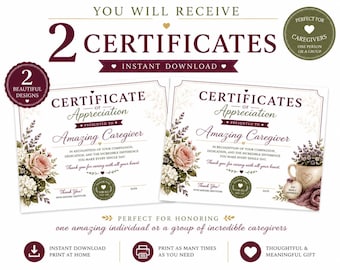 Caregiver Certificate Printable | Certificate of Appreciation | Caregiver Recognition Award | Thank You Caregiver Gift | Instant Download
