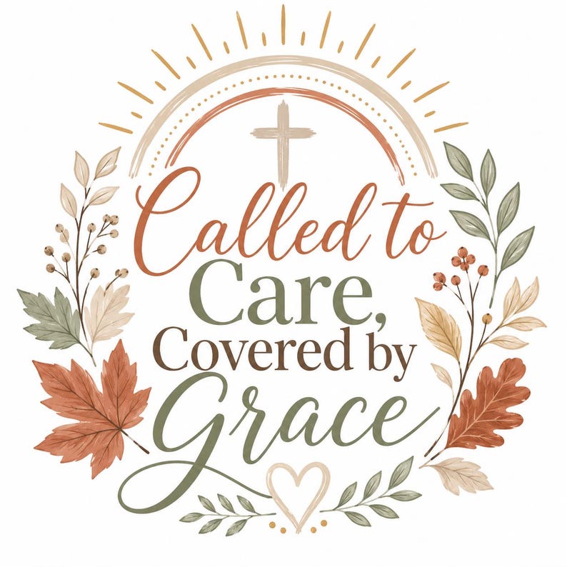 Puede incluir: Un dise&ntilde;o gr&aacute;fico con el texto Called to Care, Covered by Grace en fuentes script y serif de color marr&oacute;n y verde. Sobre el texto hay una cruz y un arco&iacute;ris. El dise&ntilde;o est&aacute; enmarcado por hojas de oto&ntilde;o, bayas y un peque&ntilde;o coraz&oacute;n.