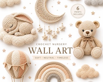 Neutral Crochet Nursery Wall Art Bundle, Baby Room Printable Decor, Moon Bunny Rainbow Teddy Bear Prints, 4:5 Ratio Nursery Set, Nursery Art