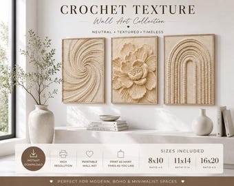 Crochet Texture Wall Art Set of 3 Printable | Neutral Textured Wall Decor | Luxury Minimalist Boho Art | Beige Fiber Inspired Prints