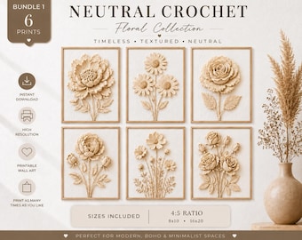 Neutral Crochet Floral Wall Art Set of 6 Printable | Beige Textured Flower Prints | Luxury Minimalist Decor | Neutral Boho Wall Art