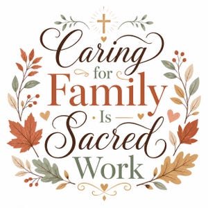 Puede incluir: Un dise&ntilde;o gr&aacute;fico decorativo con el texto Caring for Family Is Sacred Work en letras marrones y naranjas. El texto est&aacute; rodeado por una corona de hojas de colores oto&ntilde;ales, bayas, corazones peque&ntilde;os y una cruz en la parte superior.