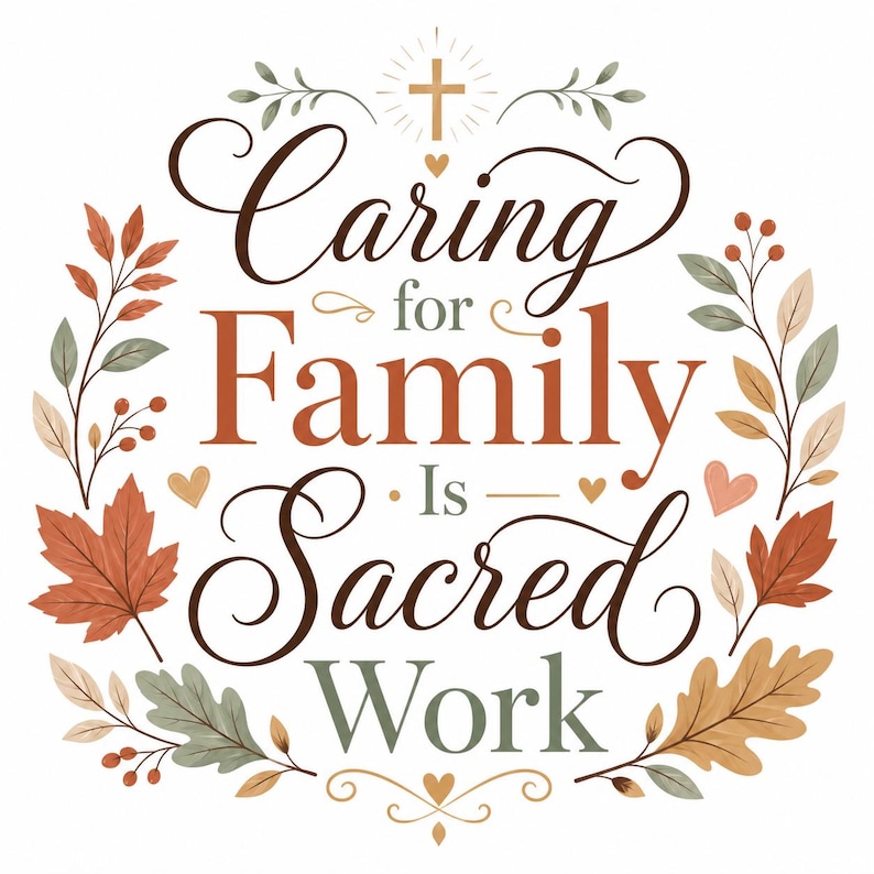 Puede incluir: Un dise&ntilde;o gr&aacute;fico decorativo con el texto Caring for Family Is Sacred Work en letras marrones y naranjas. El texto est&aacute; rodeado por una corona de hojas de colores oto&ntilde;ales, bayas, corazones peque&ntilde;os y una cruz en la parte superior.