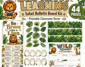 Wild About Learning Bulletin Board Kit, Safari Classroom Decor, Jungle Animal Print Letters, Kindness Cards, 44 Page Printable