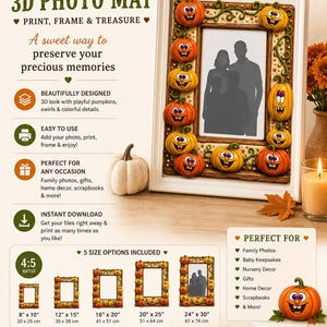 Op de afbeelding: Een digitaal bestand voor een 3D-pompoen fotomat met oranje pompoenen, groene ranken en krullen. Het ontwerp bevat tekst zoals NEW! PUMPKIN 3D PHOTO MAT, INSTANT DOWNLOAD en vijf maatopties variërend van 20x25cm tot 61x76cm.