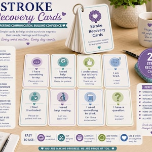 Può includere: Un set di 24 carte per il recupero post-ictus su un anello di metallo, con icone viola e verdi e frasi di testo per il supporto alla comunicazione. Le carte includono messaggi come Ho qualcosa da dire, Sono stanco e Ho sete.