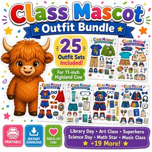 Pacote de Roupas para Mascote de Vaca das Terras Altas da Sala de Aula, 25 Conjuntos de Roupas Removíveis para Imprimir, Fantasia de Mascote para Professor(a) em Sala de Aula, Atividade Escolar