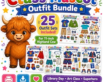 Highland Cow Class Mascot Outfit Bundle, 25 Printable Removable Outfit Sets, Teacher Classroom Mascot Dress Up, School Activity