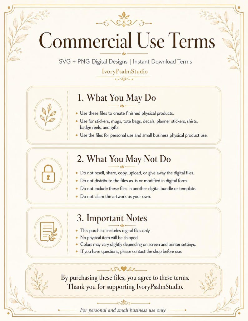 Puede incluir: Un documento digital titulado Commercial Use Terms para archivos SVG y PNG de IvoryPsalmStudio. Incluye tres secciones: What You May Do, What You May Not Do y Important Notes, detallando los derechos de uso para productos f&iacute;sicos y archivos digitales.