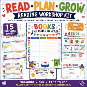 May include: A reading workshop kit featuring 15 printable pages including book reviews, reading trackers, genre challenge cards, library checkout cards, and certificates. The colorful design includes text like READ PLAN GROW and BOOKS I'M EXCITED TO READ.
