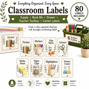May include: A set of 80 classroom labels featuring botanical illustrations and text for organization. The labels include categories like Fiction, Markers, Glue Sticks, Scissors, Sticky Notes, Paper Clips, Highlighters, and Science Center, displayed on rectangular cards with green leaf accents.