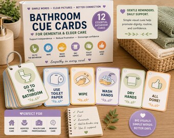 Schede promemoria per l'uso del bagno stampabili per persone affette da demenza e anziani / 12 schede con caratteri grandi per la routine del bagno / Strumento di supporto per chi assiste persone con Alzheimer