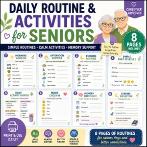May include: A colourful daily routine and activities planner for seniors, featuring illustrations and text. The planner includes sections for morning, afternoon, and evening routines, mood check-ins, and memory exercises. It is designed with large print and is senior and caregiver friendly.