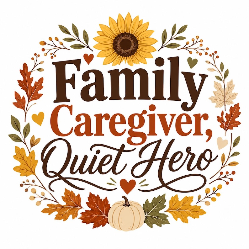 Puede incluir: Un dise&ntilde;o gr&aacute;fico circular con el texto Family Caregiver, Quiet Hero en fuentes de color marr&oacute;n oscuro y naranja. El texto est&aacute; rodeado por una corona de hojas de oto&ntilde;o, un girasol amarillo, corazones peque&ntilde;os y una calabaza blanca.