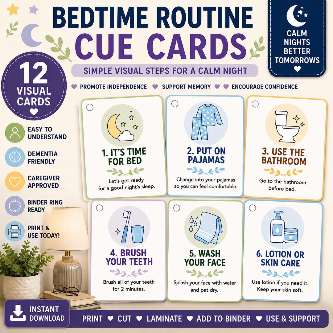Morning Routine Cues Bedtime Routine Cue Cards Printable for Dementia & Senior Citizens | 12 ...