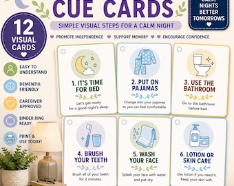 Bedtime Routine Cue Cards Printable for Dementia & Senior Citizens | 12 Visual Bedtime Cards | Alzheimer’s Caregiver Support | Night Routine