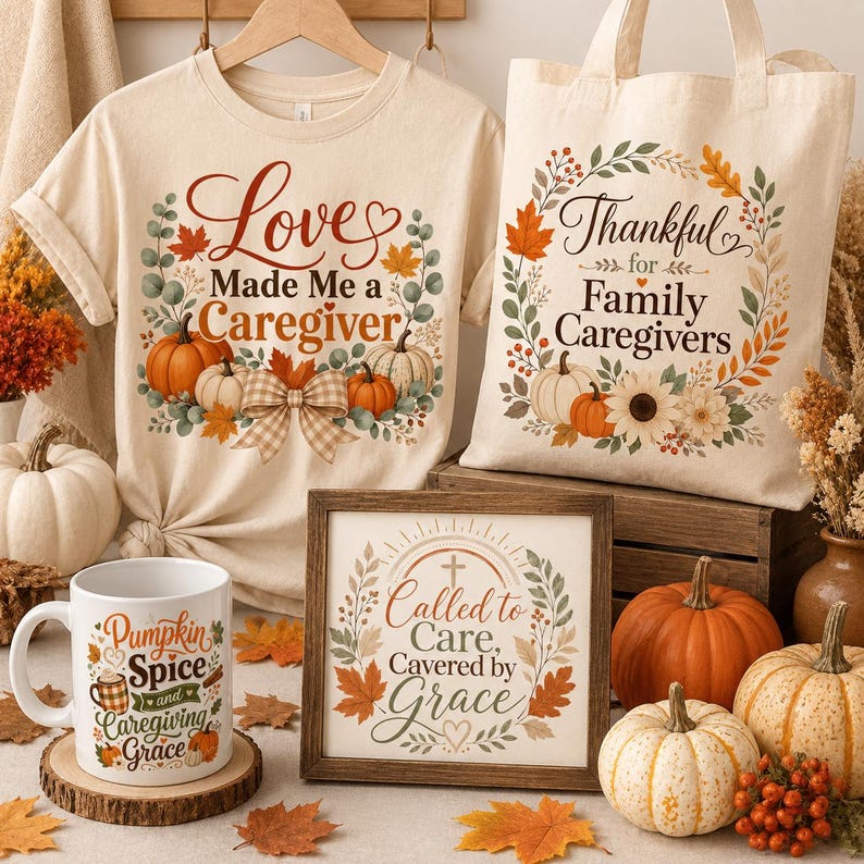 Puede incluir: Una camiseta color crema con el texto Love Made Me a Caregiver, una bolsa a juego con Thankful for Family Caregivers, una taza blanca con Pumpkin Spice and Caregiving Grace y un marco con Called to Care, Cavered by Grace.