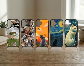 Impressionist Cat Phone Case Starry Night Parody Cover for iPhone 17 16 15 14 13 Pro Max Samsung S26 S25 Ultra Van Gogh Style Gift