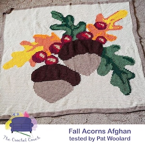 Fall Acorns Afghan SC / TSS Crochet Pattern, Written Row Counts for single crochet and tunisian simple stitch