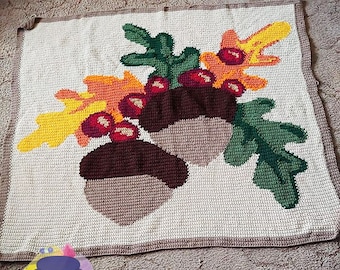 Fall Acorns Afghan SC / TSS Crochet Pattern, Written Row Counts for single crochet and tunisian simple stitch