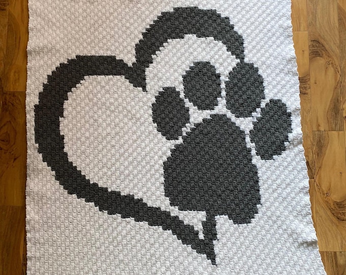 Featured listing image: Paw in Heart Afghan C2C Crochet Pattern, Written Row by Row, Color Counts, Instant Download, C2C Graph, C2C Pattern, Graphgan Pattern
