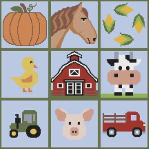 Könnte beinhalten: Ein Raster aus neun Pixel-Art-Quadraten mit Motiven rund um den Bauernhof: ein orangefarbener Kürbis, ein brauner Pferdekopf, gelber Mais, eine gelbe Ente, eine rote Scheune, eine schwarz-weiße Kuh, ein grüner Traktor, ein rosa Schweinegesicht und ein roter Pickup.