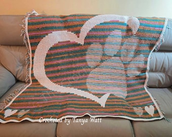 Paw in Heart Mosaic Afghan,  Graph and Written row by row pattern for Overlay Mosaic