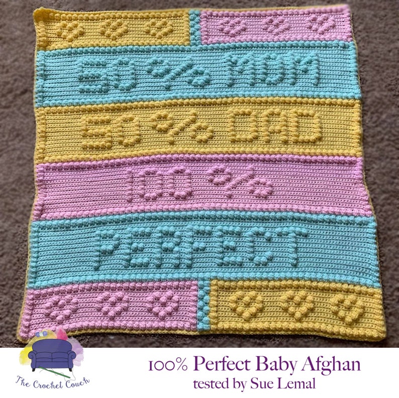 Image of 100 Percent Perfect Baby Afghan, Bobble Stitch Crochet Pattern shown in colors of yellow, pink and blue crocheted by Sue Lemal