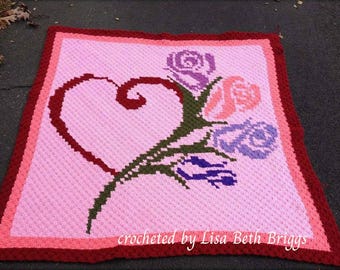 Romantic Roses and Heart Afghan, C2C Crochet Pattern