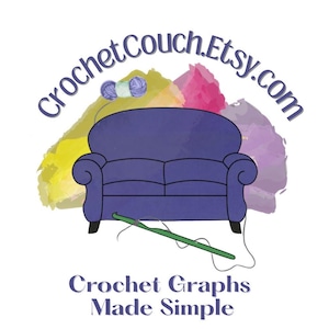 a purple couch with a crocheted blanket and a crochet hook, accompanied by the text "CrochetGraphsMadeSimple" and "CrochetGraphsMadeSimple.com".