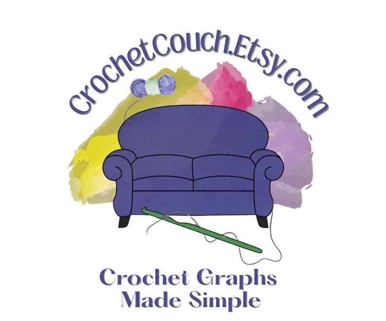 a purple couch with a crocheted blanket and a crochet hook, accompanied by the text "CrochetGraphsMadeSimple" and "CrochetGraphsMadeSimple.com".