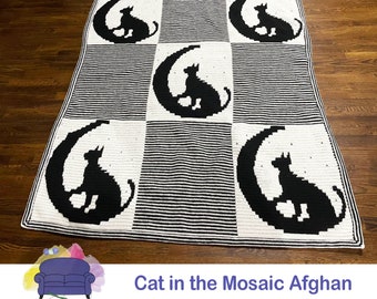 Cat in the Mosaic Afghan Mosaic Crochet Pattern, Written Row by Row,  Instant Download, Overlay Mosaic,  Crochet Pattern, Crochet Couch