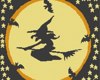 Witch Flying Afghan SC or TSS Crochet Pattern, Graph and Written Row by Row Included